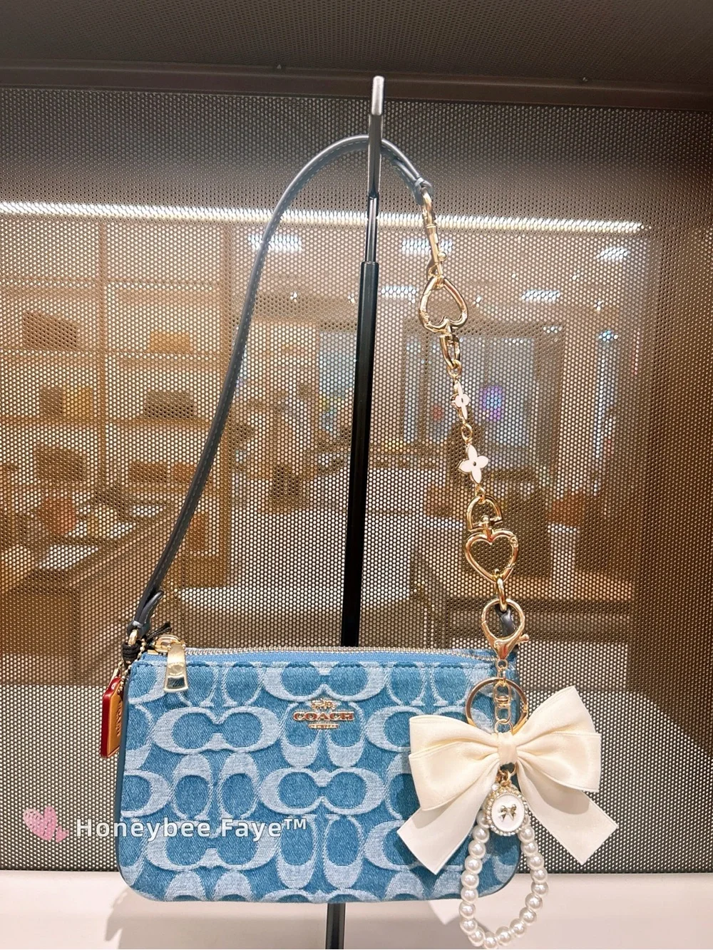 Coach Nolita 19 Light Blue Signature Denim Wristlet with free Pearl Bow Charm